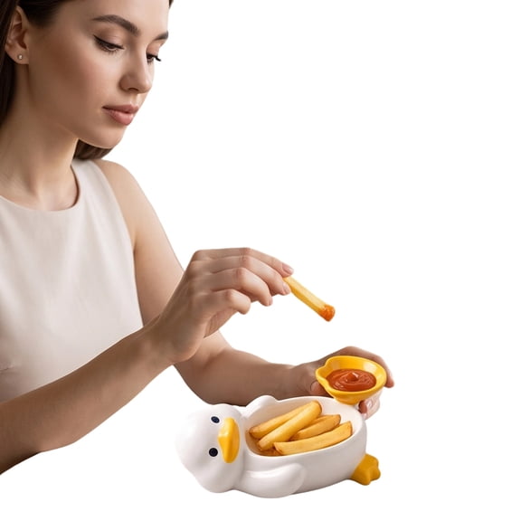 Cute Ceramic Serving Dish Duck Shape Snack Plate with Dip Bowl for French Fries Chicken Nuggets and Sauce Condiments Fun Tableware for Family Meals and Parties for home and kitchen