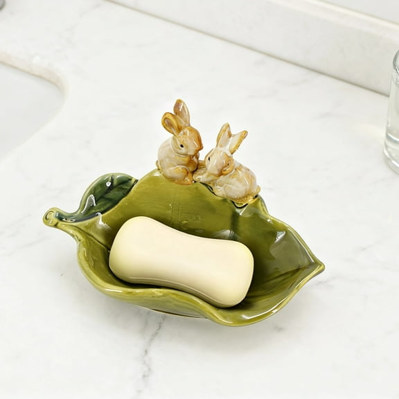 Cute Ceramic Soap Dish,Decorative Leaf Design with 3D Rabbit Figurines,Fast Draining Bathroom Soap Holder,Countertop Accessory for Kitchen,Office