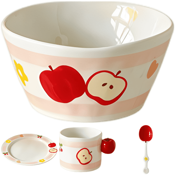 Cute Ceramic Tableware Set with Apple Pattern, 4-Piece Underglaze Dishware, Microwave Oven Dishwasher Safe for Single Serving, Excellent Kitchen Dining Use, includes 5.31 in Bowl, Plate, Mug, Spoon