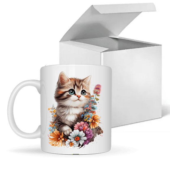 Cute Ceramic Tea Cup Cat and Flowers Coffee Mug