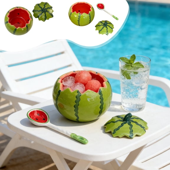 Cute Ceramic Watermelon Bowl Set with Spoon, Glazed Smooth Summer Funny Lidded Tableware, Easy-Clean for Yogurt Salad Fruit Snack Home Kitchen Daily Use, Green