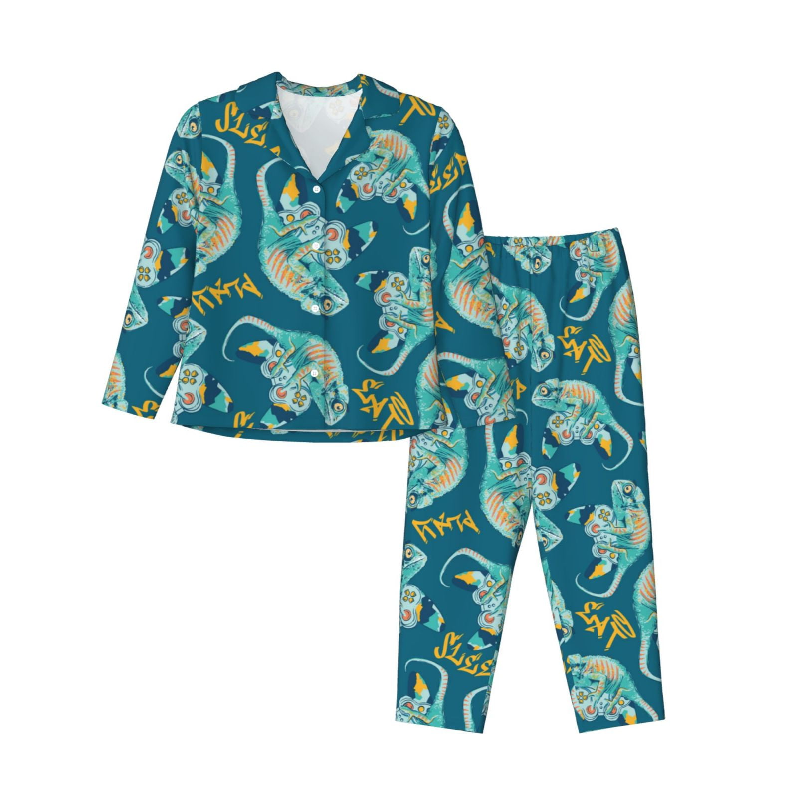 Cute Chameleon Lizard Handle Pajamas for Women Set Comfy Long Sleeve Button Shirt and Pajama Pants Pjs Sets for Women 2 Piece Soft Sleepwear Ladies Pj Lounge Sets with Pockets Walmart