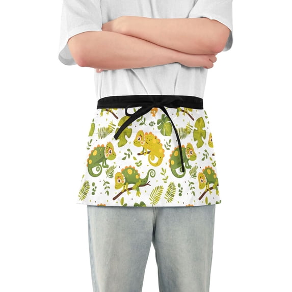 Cute Chameleon and Leaves Server Apron with 3 Pockets Waterproof Waitress Waist Short Apron for Man Woman 12 Inches