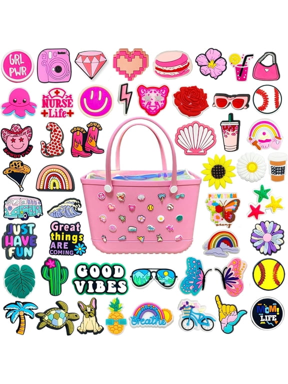 Cute Charms for Bogg Bag Accessories, 50PCS Cute Summer Beach Preppy Hippie Horse Pink Peace Butterfly Cowgirl Decoration Bag Charms for Rubber Tote Beach Bags Perfect Gifts for Girls Women