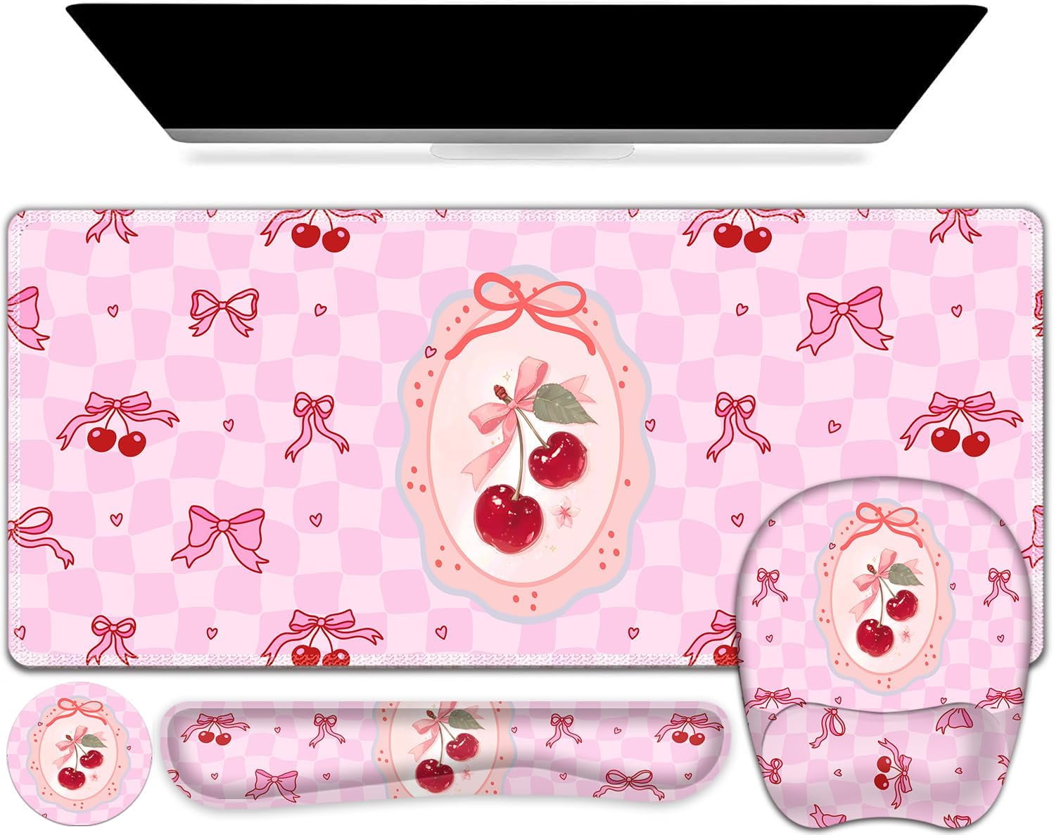 Cute Check Mouse Pad with Wrist Support 4 in1 Set, XXL Big Game Mousepad + Keyboard Wrist Rest + Mouse Wrist Rest Pad +Coaster Gaming Mat for Work Study Home Office I Pink Cherry & Bow Dream