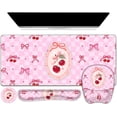thumbnail image 1 of Cute Check Mouse Pad with Wrist Support 4 in1 Set, XXL Big Game Mousepad + Keyboard Wrist Rest + Mouse Wrist Rest Pad +Coaster Gaming Mat for Work Study Home Office I Pink Cherry & Bow Dream, 1 of 15