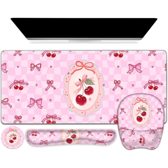 Cute Check Mouse Pad with Wrist Support 4 in1 Set, XXL Big Game Mousepad + Keyboard Wrist Rest + Mouse Wrist Rest Pad +Coaster Gaming Mat for Work Study Home Office I Pink Cherry & Bow Dream
