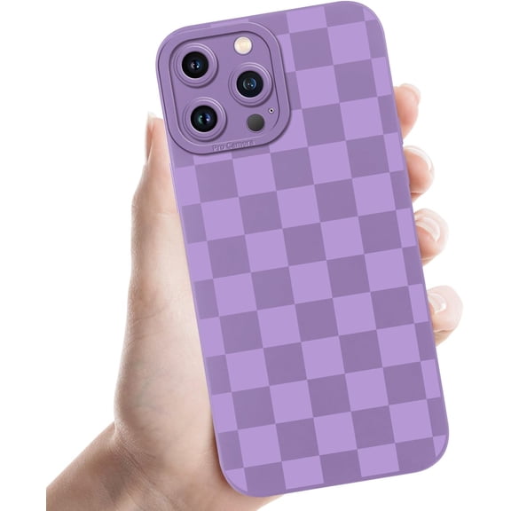 Cute Checkered Case for iPhone 13 Pro Max 6.7'', Checkerboard Lattice Pattern Print Design Funda Aesthetic Soft TPU Silicone Shockproof Full Camera Protective Cover for Women Girl - Purple