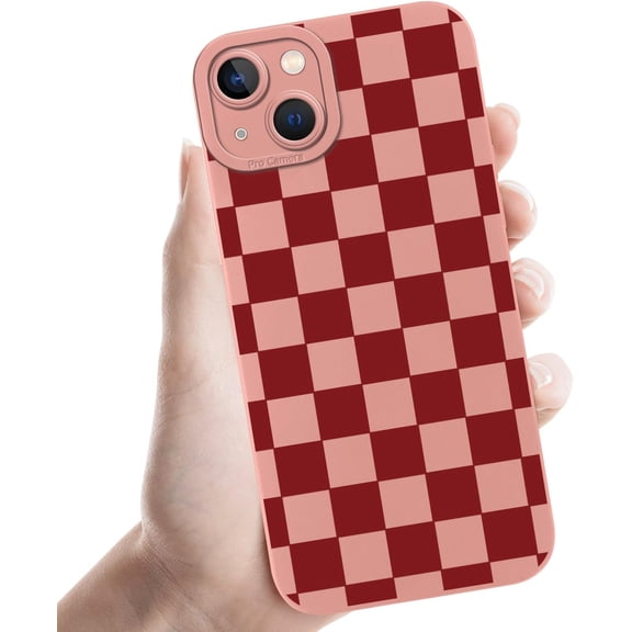 Cute Checkered Case for iPhone 14 6.1'', Checkerboard Lattice Pattern Print Design Funda Aesthetic Slim Fit Soft TPU Silicone Shockproof Full Camera Protective Cover for Women Girl - Red