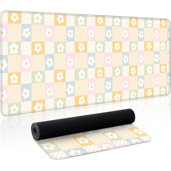 Cute Checkered Mouse Pad Large Desk Mat Extended Keyboard XL Mouse Pad Kawaii Mousepad with Non-Slip Base and Stitched Edge Daisy Mouse Mat Desk Pad 31.5 x 11.8 in Mouse Pads for Desk Home Office