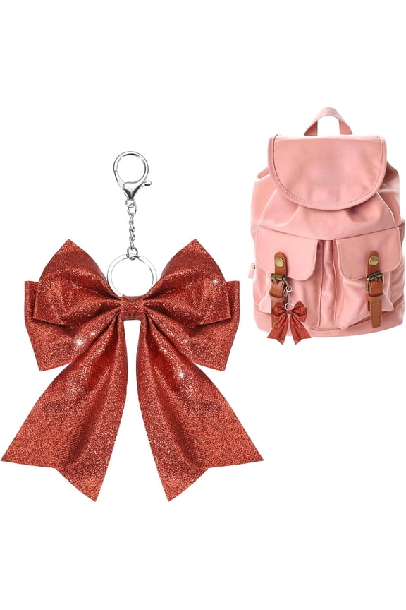 Cute Cheer Bow Keychain for Women, PU Leather Bows Cheerleader Gifts Bag & Purse Keyring Accessory Red -