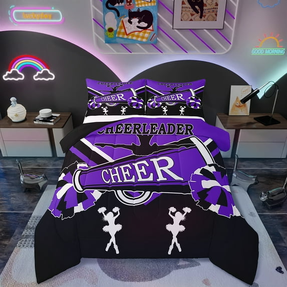 Cute Cheerleader Bedding Queen Size Black and Blue Violet Comforter Set Queen, Cheerleading Duvet Insert Dancer Theme Quilt Set, Cheerleading Dance Bedding Comforters & Sets Bedroom Decor