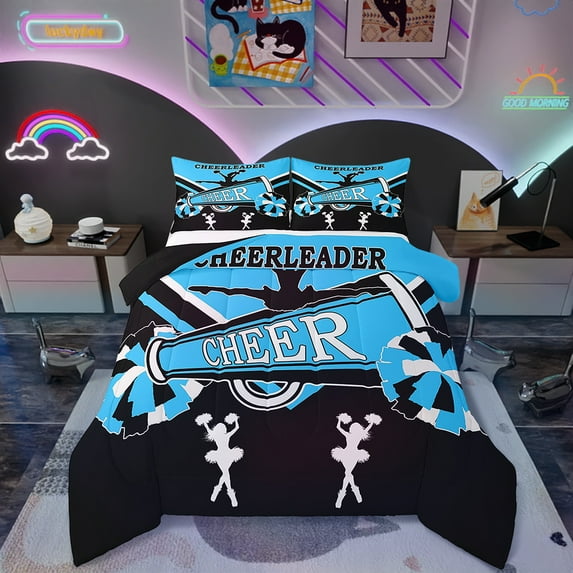 Cute Cheerleader Bedding Black and Blue Comforter Set , Cheerleading Duvet Insert Dancer Theme Quilt Comforter Cheerleading Dance Bedding Comforters & Sets Bedroom Decor