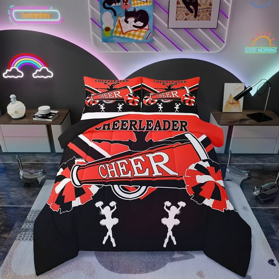 Cute Cheerleader King Size Comforter Set Black and Red Bedding Set, Cheerleading Down Comforter Dancer Theme Bed Set, Cheerleading Dance Quilted Duvet Bedroom Decor