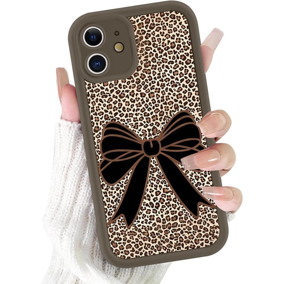Cute Cheetah Leopard Print Ribbon Bow Phone Case for iPhone 12, Shockproof Soft Slim TPU Funda Full Lens Protective Silicone Phone Cover for Women Girls - Brown Leopard Bow