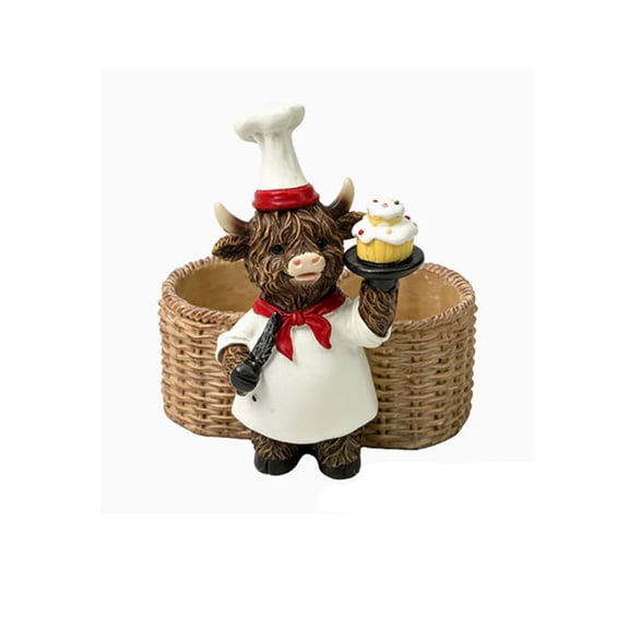 Cute Chef Cow Resin Figurine Dual Woven Basket Storage Organizer Kitchen Desktop Pen Utensil Holder Farmhouse Home Decor Gift