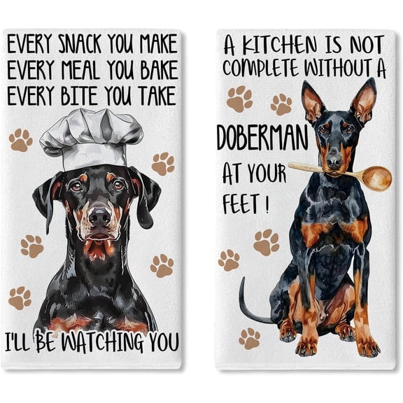 Cute Chef Doberman Kitchen Dish Towels Set of 2, Funny Quotes Paw Print Drying Hand Towel Baking Cooking Cloth, Cafe Restaurant Dinner Room Home Decoration Pet Dog Owner Lover Gifts 18'' x 26''