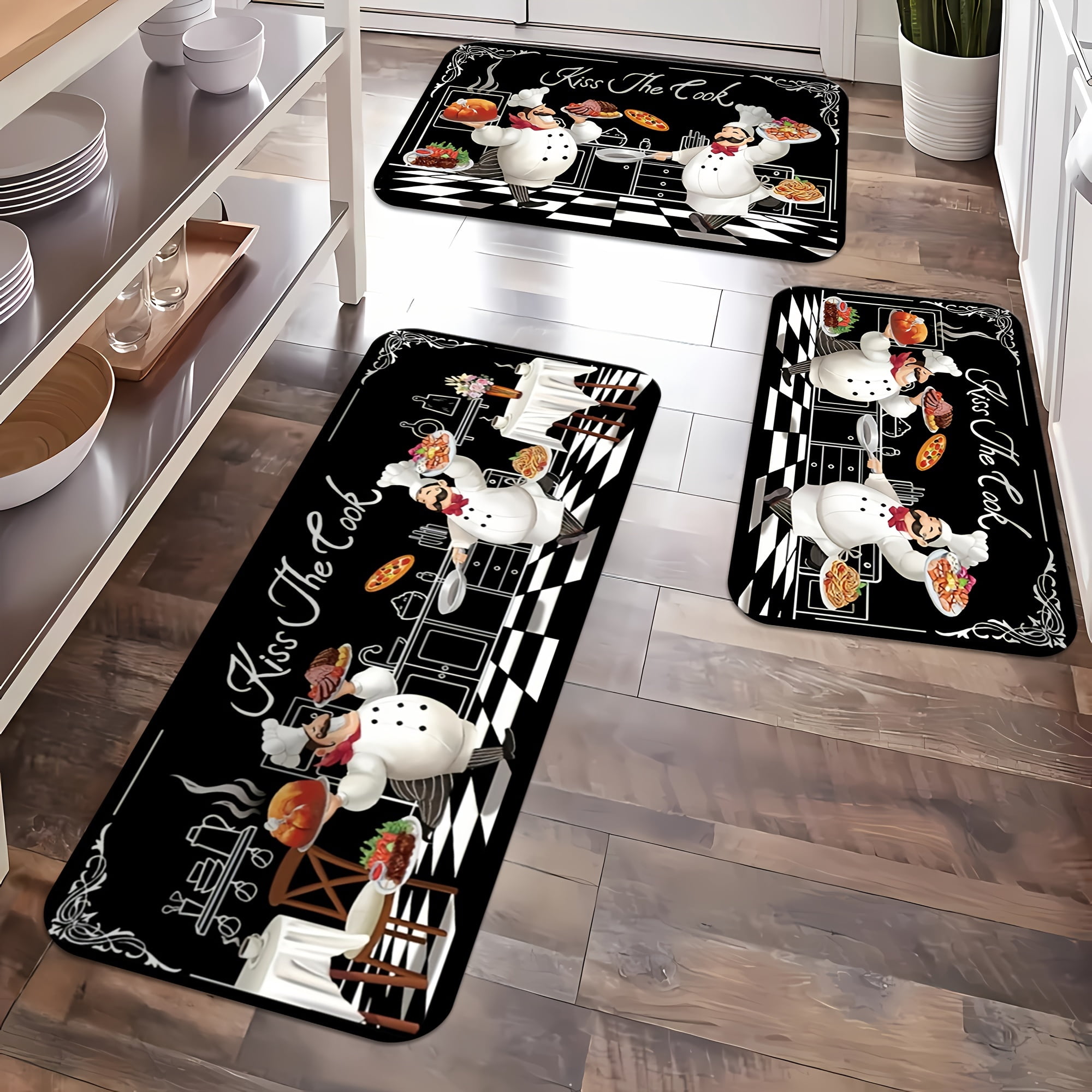 Cute Chef Pattern Non-Slip Kitchen Mat, Thickened Absorbent Flannel Rug ...