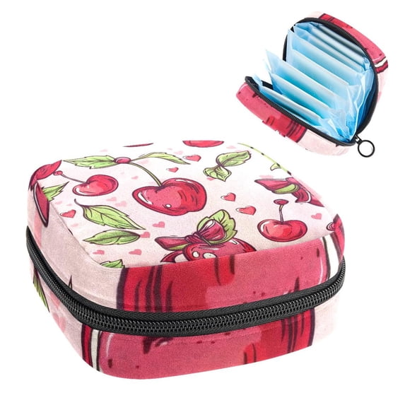 Cute Cherries and Pink Hearts Sanitary Napkin Storage Bag, Zipper Menstrual Cup Pouch Feminine Menstruation First Period Pads Holder for Girls Women Ladies