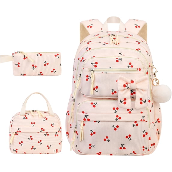 Cute Cherry Backpack with Lunch Bag and Pencil Case Matching Travel Daypack Beige