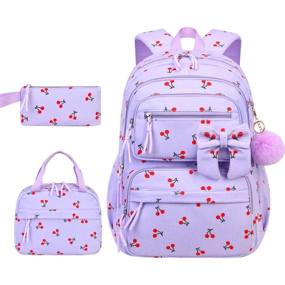 Cute Cherry Backpack with Lunch Bag and Pencil Case Matching Travel Daypack Purple