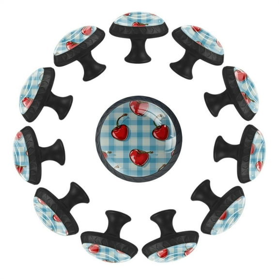 Cute Cherry on Blue Plaid Background 35MM Round Glass Cabinet Knobs, Kitchen Knobs for Drawer Dresser Cupboard Wardrobe Modern Pulls Handles Hardware, Set of 12