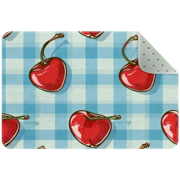 Cute Cherry on Blue Plaid Background Entryway Rug, 2x3 Area Rug Indoor Door Mat Non-slip Washable Floor Carpet Rug for Bedroom Office Dining Room Bathroom