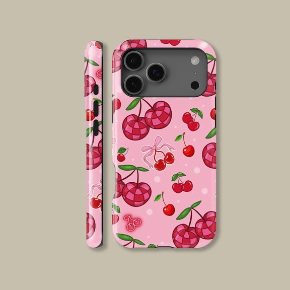 Cute Cherry Bow Tough Phone Case, Pink Fruit Ribbon Pattern Dual Layer Shock Absorbing Protective Hard Shell Cover, Compatible with iPhone 13 Pro Max