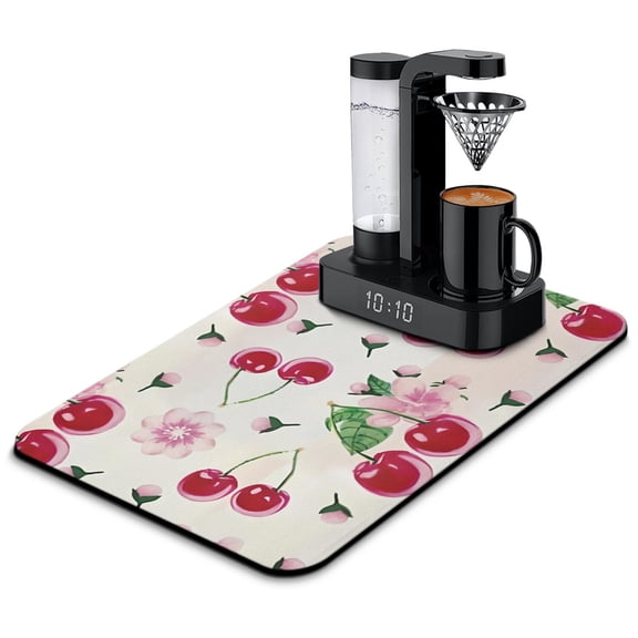 Cute Cherry Pattern Dish Drying Mat, Sweet Red Fruit Lover Aesthetic Absorbent Kitchen Mat