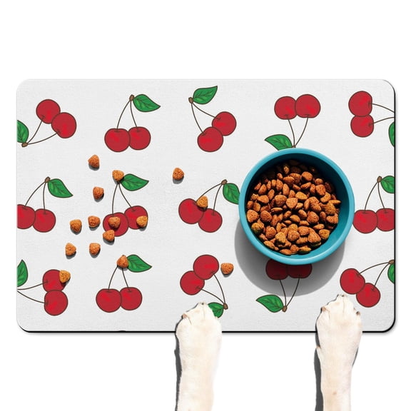 Cute Cherry Pattern Non-Slip Pet Placemat - Waterproof Dog Food Spill Mat, Regenerated Sponge Core for Quick Dry & Durability