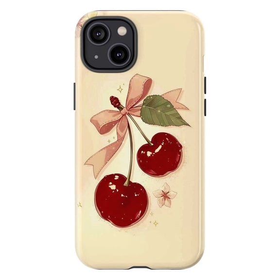 Cute Cherry Phone Case with Pink Bow, Kawaii Aesthetic Fruit Design Cover for iPhone 17 16 15 14 13 12 11 Pro Plus Mini
