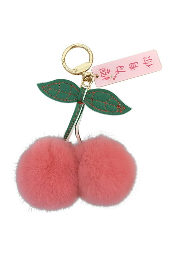 Cute Cherry Plush Keychain Kawaii Fluffy Pom Pom Keychain Cartoon Women's Bag Charm Pendant Backpack Car Key Accessory