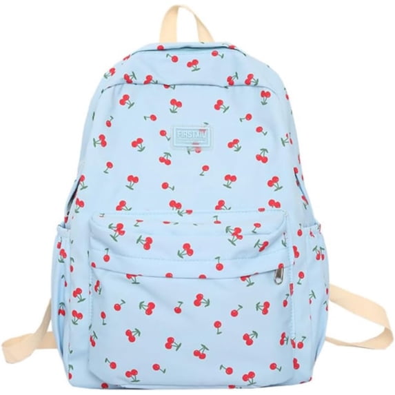 Cute Cherry Print Backpack, Light Blue Preppy Schǒ-ǒl Backpack for Teen Gīrls, Red Cherry Daypack for Schǒ-ǒl Travel Daily Use