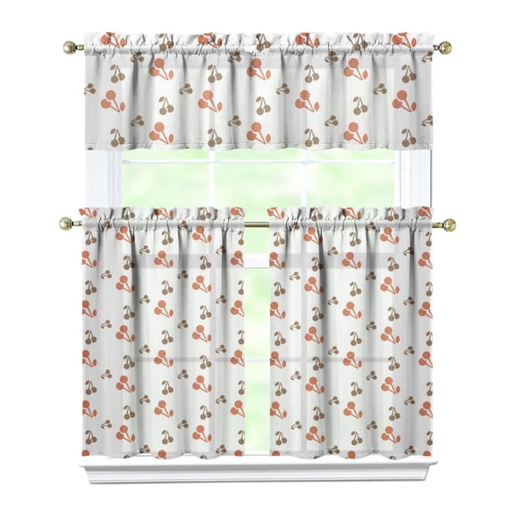 Cute Cherry Print Kitchen Curtains Set, Sweet Red and Pink Fruit Pattern Tier and Valance, Aesthetic Cherry Lovers Design with Art Illustration Drapes for Kitchen or Nursery