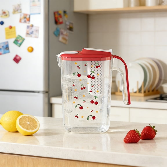 Cute Cherry Print Water Pitcher - BPA-Free Cold Water Jug with Infuser, Lid & Handle, Iced Tea Pitcher for Home, Kitchen & Daily Use