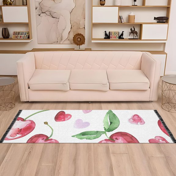 Cute Cherry Runner Rug Non-Slip Area Rugs Linen Washable Non Shedding for Kitchen Bedroom Carpet
