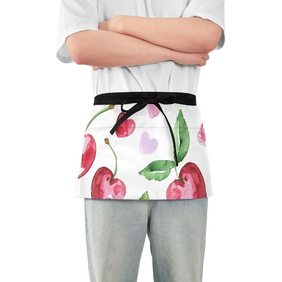 Cute Cherry Waist Apron Adjustable Server Half Apron Kitchen Cooking with 3 Pockets for Men Women