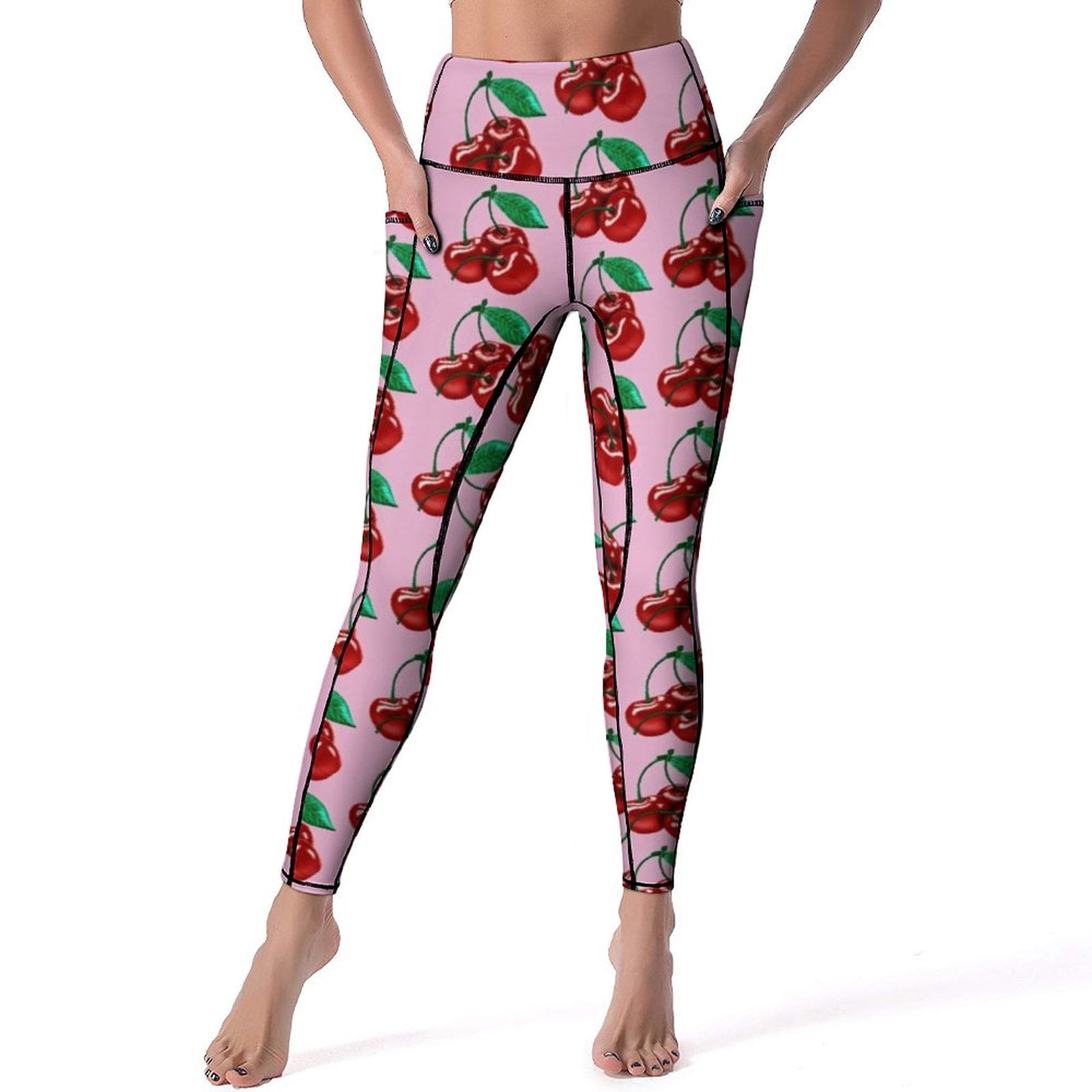 Cute Cherry Yoga Pants Red Fruit Print Fitness Leggings Push Up Stretch ...