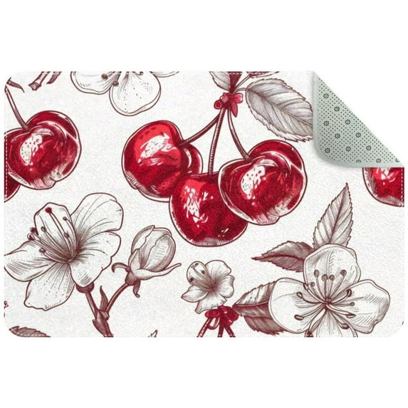 Cute Cherry and Flowers Background Small Area Rug, Non-Slip Door Mat Indoor Floor Mat, Washable Kitchen Rug Entrance DMat for Bedroom Living Room