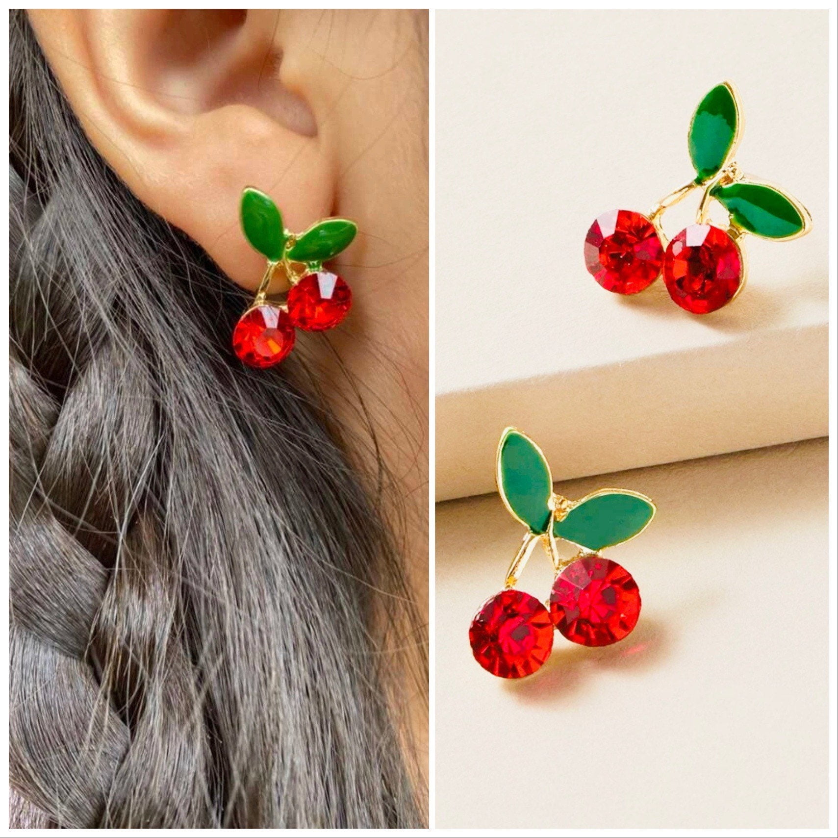 Cute Cherry stud earrings- Red Cherry Rhinestone Earrings-Fun Cherry earrings - cherry picking earrings- cherry earrings
