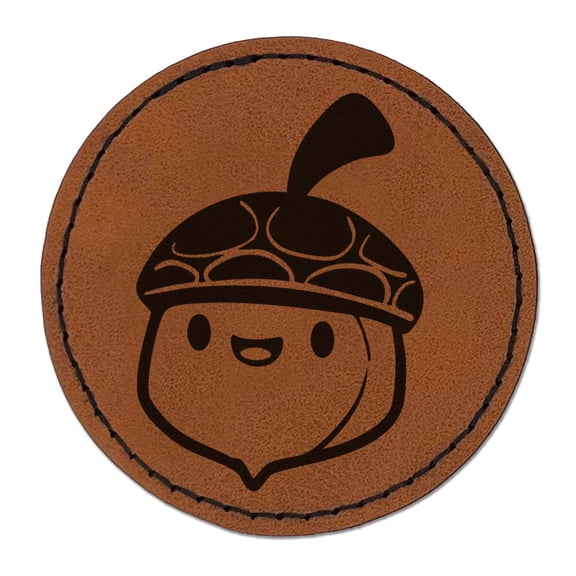 Cute Chibi Acorn Cartoon Happy Face Round Iron-On Engraved Faux Leather Patch Applique - 2.5 Inch - Brown