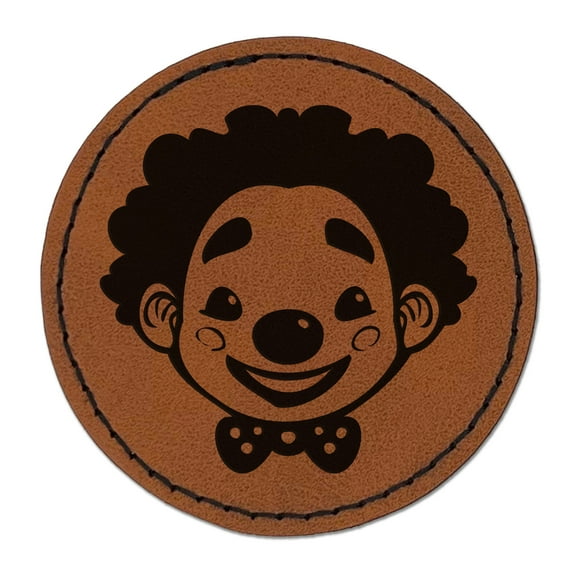 Cute Chibi Circus Party Clown Child Kid 2.5" Faux Leather Round Engraved Iron-On Patch - Brown