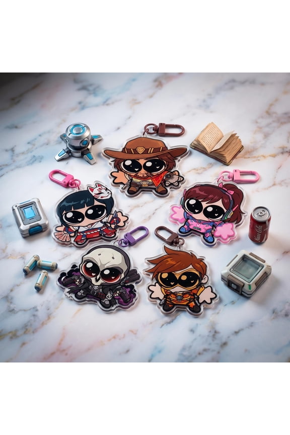 Cute Chibi Heroes Overwatch Acrylic keychain 1 pack, OW2 Bag Charm, Kawaii Gamer Gift For Fan, Tracer D.Va Mercy Kiriko Genji Reaper Emre Winston, random 1 pack