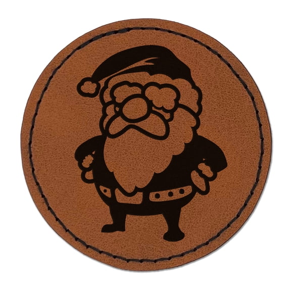Cute Chibi Santa Claus Christmas 2.5" Faux Leather Round Engraved Iron-On Patch - Brown