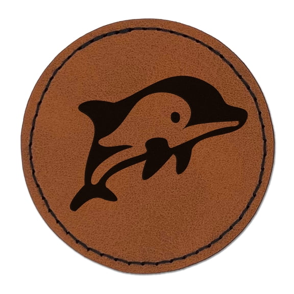 Cute Chibi Striped Dolphin 2.5" Faux Leather Round Engraved Iron-On Patch - Brown