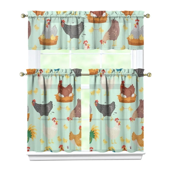 Cute Chick & Sunflower Kitchen Curtains 3-PC Set - Watercolor Farm Animal Design, Rod Pocket Window Treatment Panels