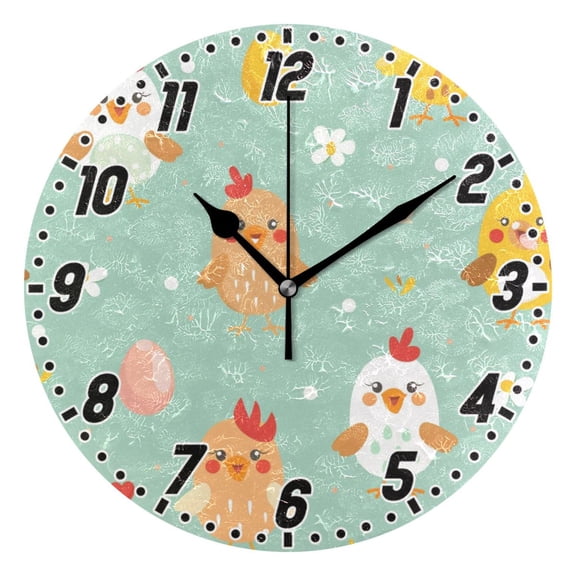 Cute Chick and Egg Round Wall Clock Battery Operated Silent Non-Ticking Bedroom Office Kitchen Home School Decor 10"(Black)