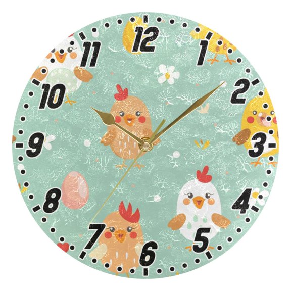 Cute Chick and Egg Round Wall Clock Battery Operated Silent Non-Ticking Bedroom Office Kitchen Home School Decor 10"(Gold)