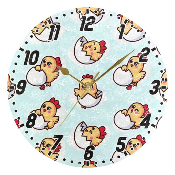 Cute Chick with Egg Round Wall Clock Battery Operated Silent Non-Ticking Bedroom Office Kitchen Home School Decor 10"(Gold)