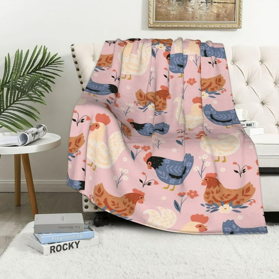 Cute Chicken Blanket, Pink Floral Chicken Blanket for Kids, Chicken Gifts for Chicken Lovers, Soft Cozy Flannel Throw Blankets for Bed Couch Sofa Chicken Decor 50x40 Inches